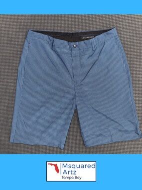 Greg Norman Golf Shorts Mens 36 Blue Check Stretch Performance Casual